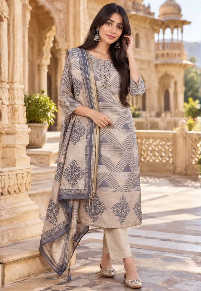Cream and grey bead and mirrorwork salwar kameez