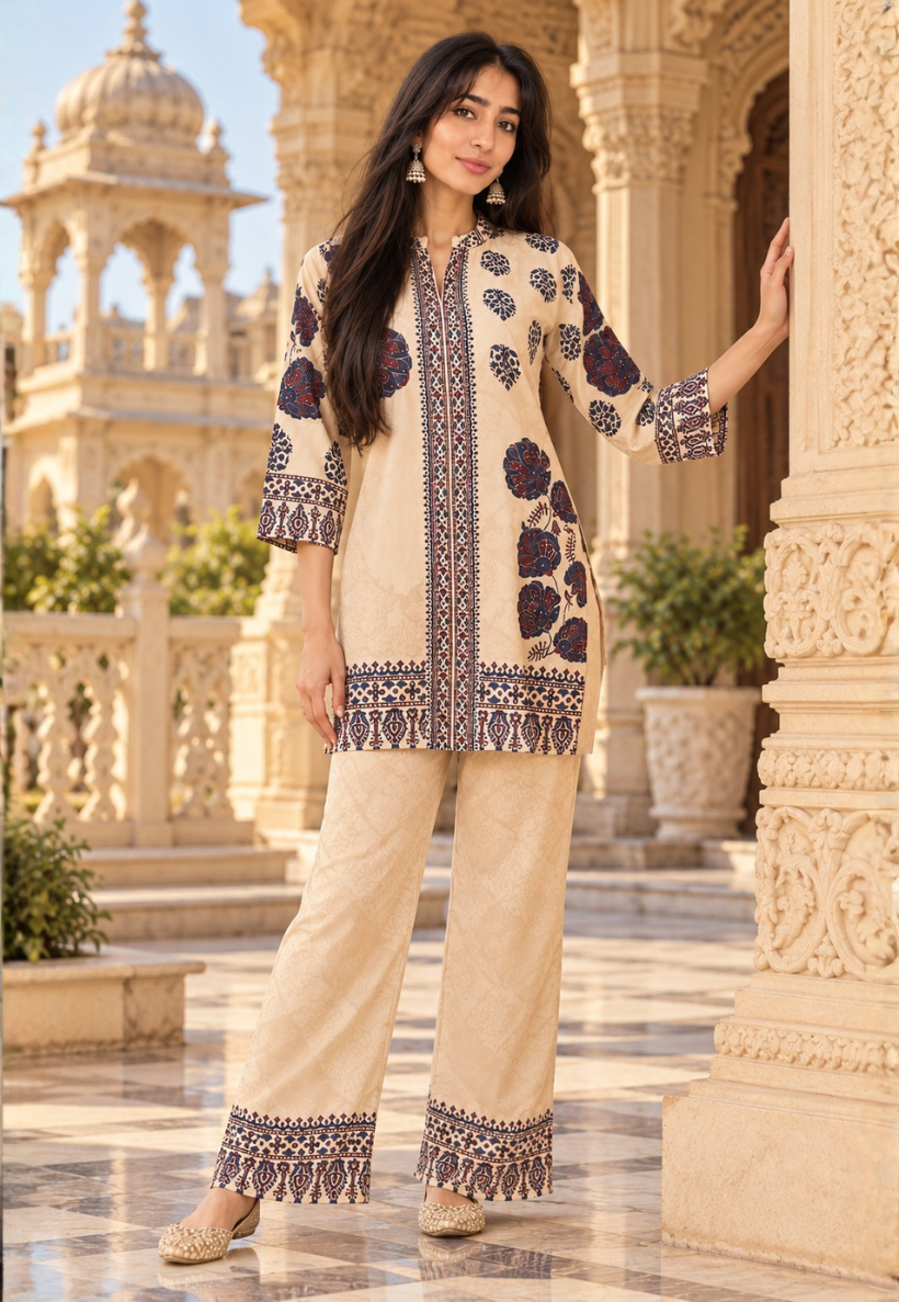 Cream, navy and black kurti set