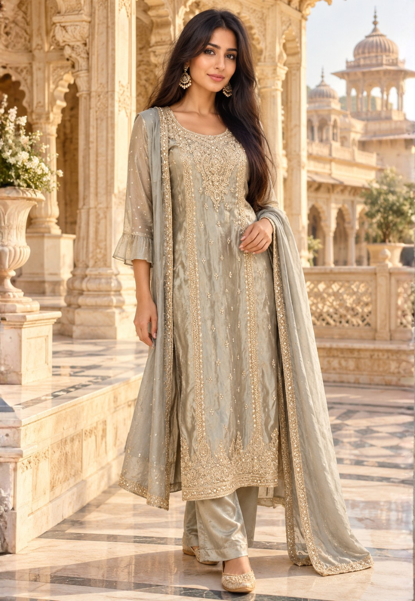 Champagne anarkali with  gold stonework