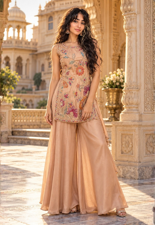 Rose sharara with colour embroidery
