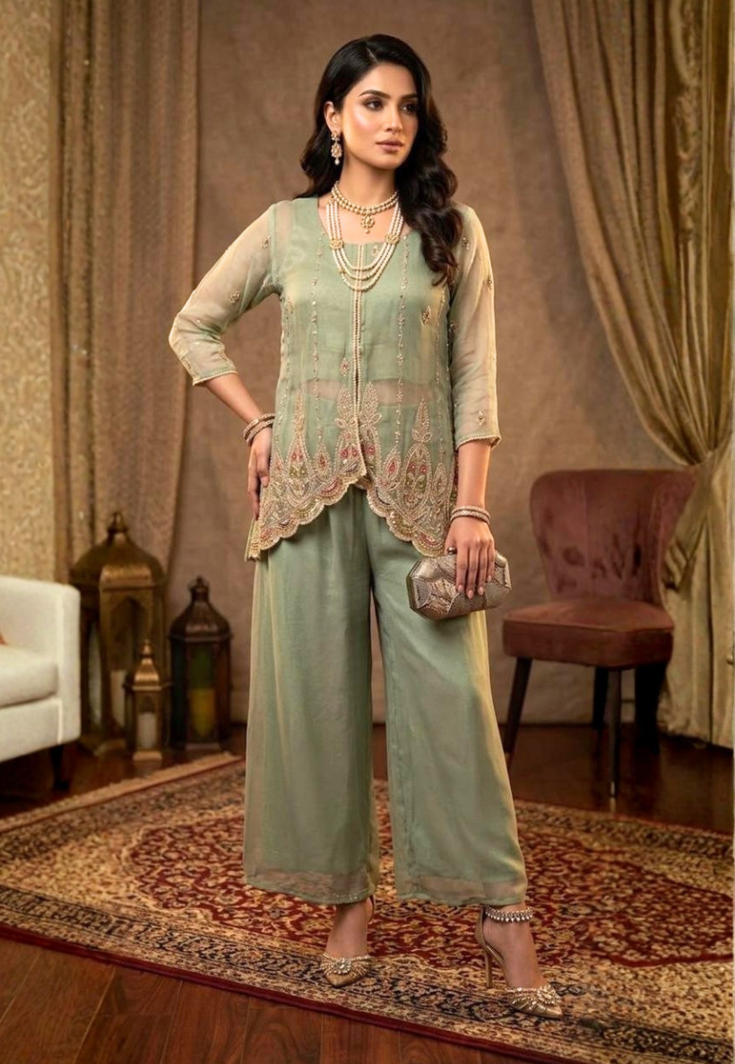 Mint green tissue silk Indo-Western inspired sharara with pearl, sequins and gold embroidery
