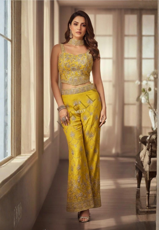 Mustard yellow Indo-Western embroidered outfit with pants and scarf