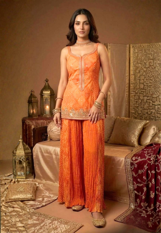 Orange bandhani sharara with gold embroidery with scarf