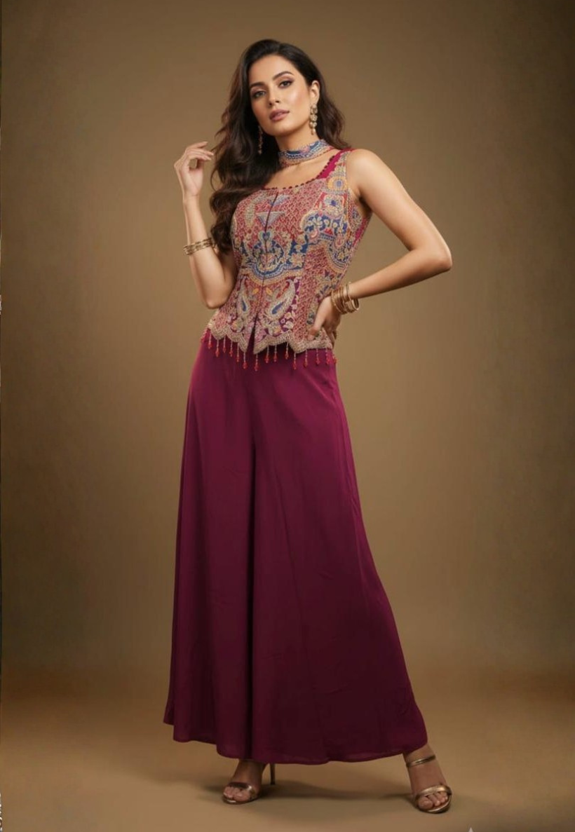 Deep plum Indo-Western outfit with intricate sequins and embroidery