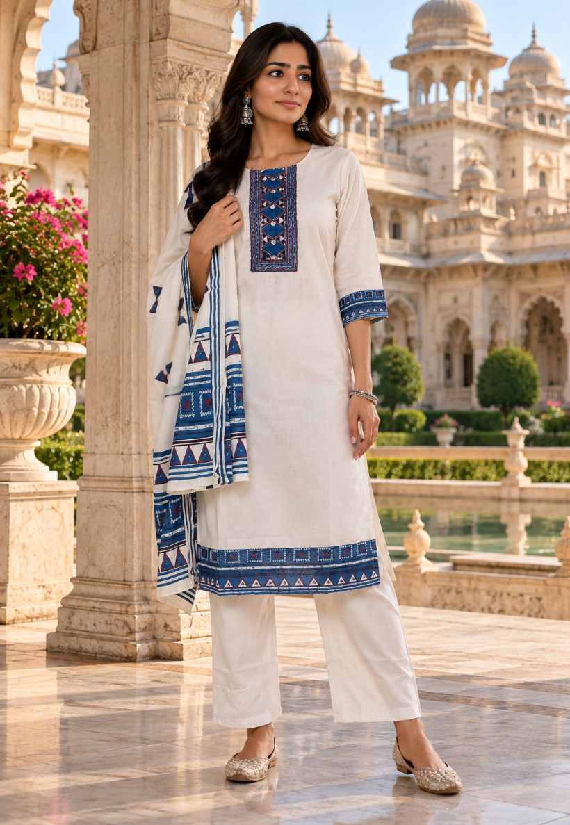 White and navy salwar kameez with pants and dupatta