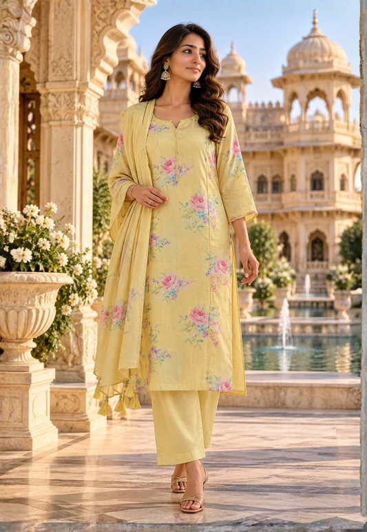 Light yellow floral salwar kameez with matching pants and dupatta