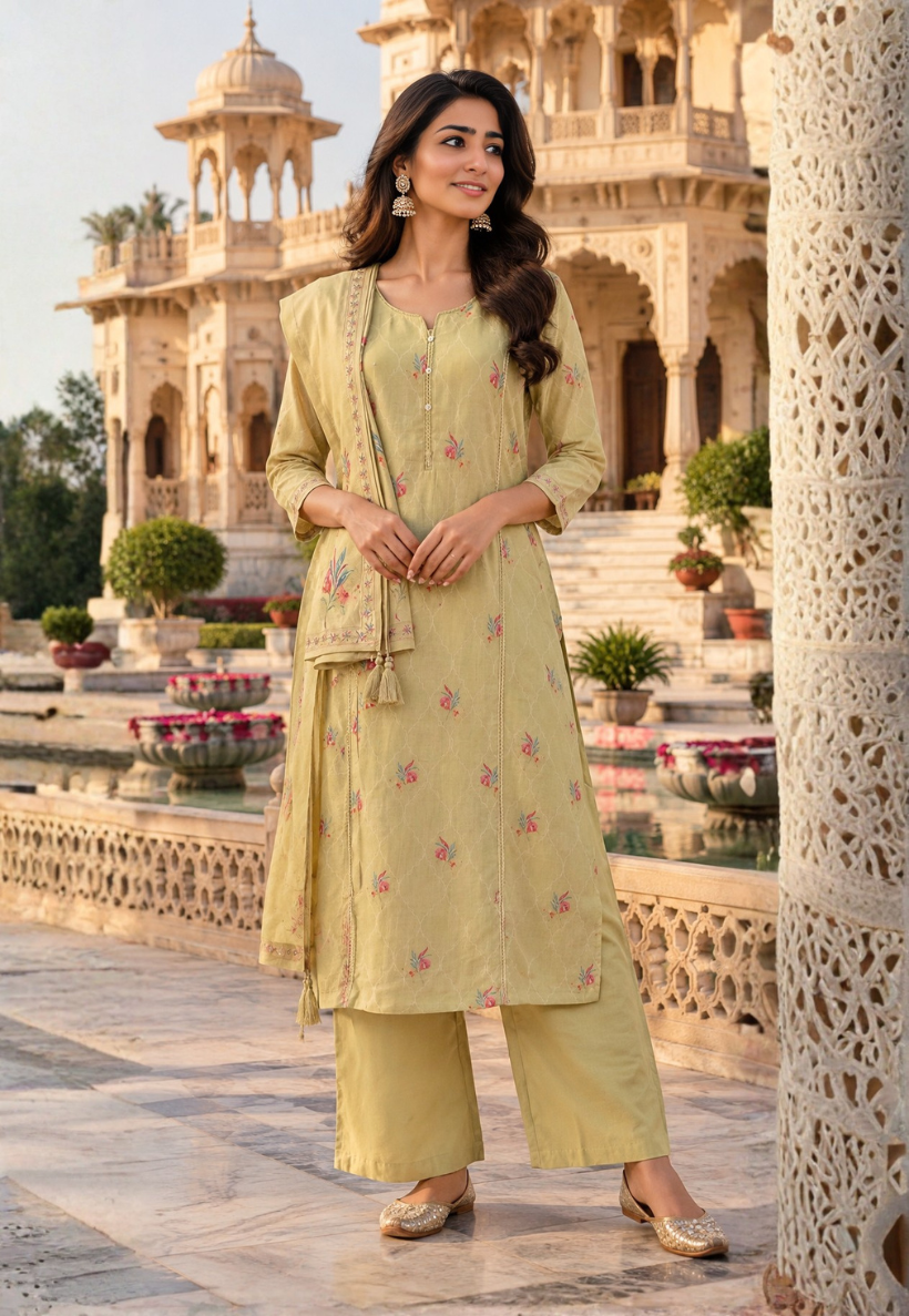Lime floral salwar kameez with matching pants and dupatta