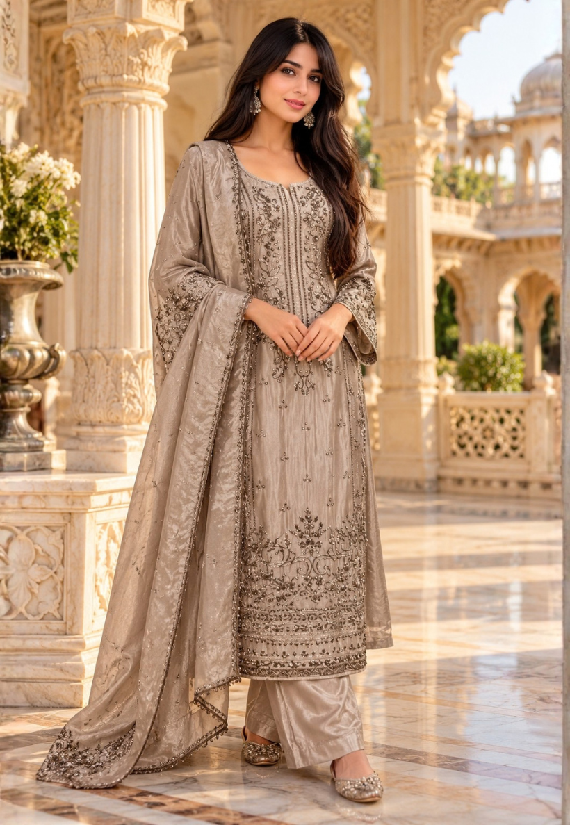 Champagne anarkali with stonework