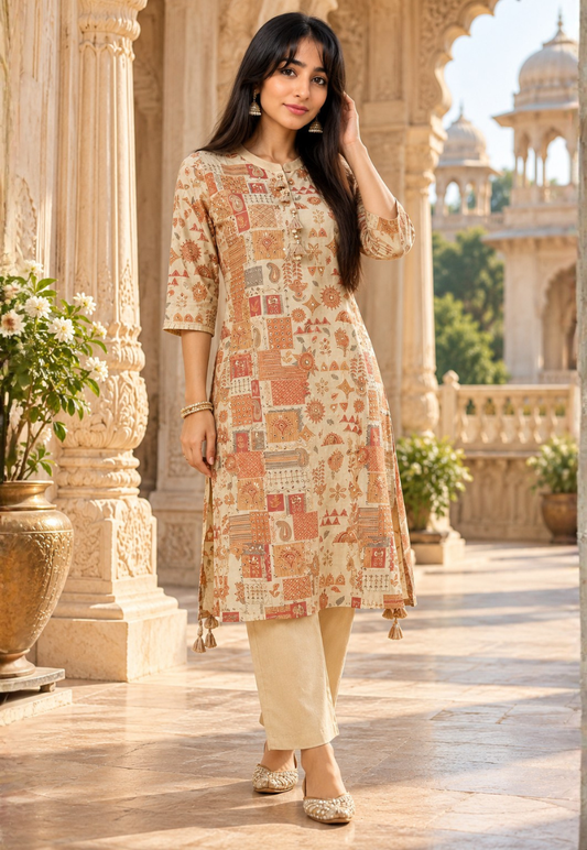 Beige abstract print kurti set with sequins, zari and mirror work