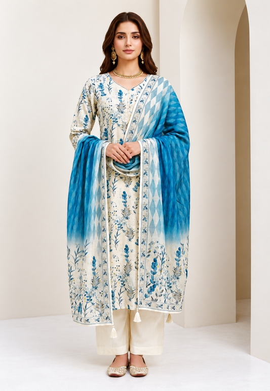 Floral cream and blue salwar kameez