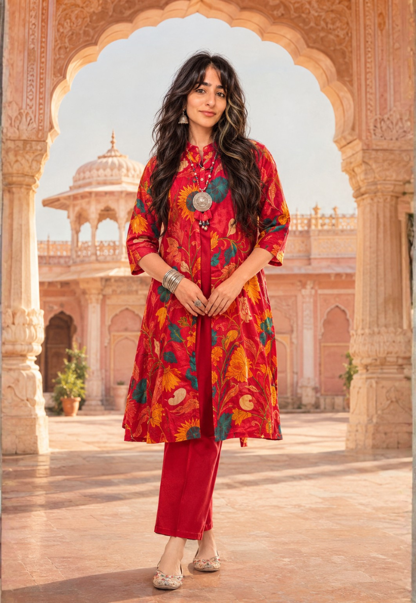 Burnt orange floral kurti set with dress, pants and long jacket