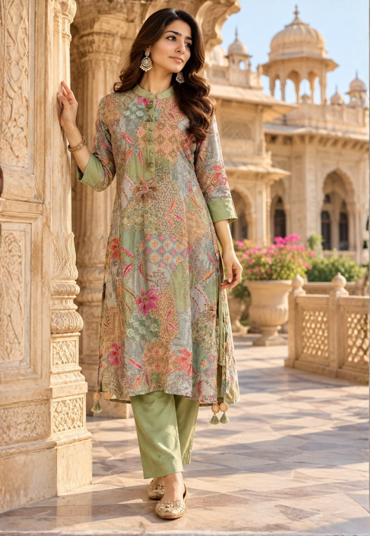 Sage abstract print kurti set with sequins, zari and mirror work