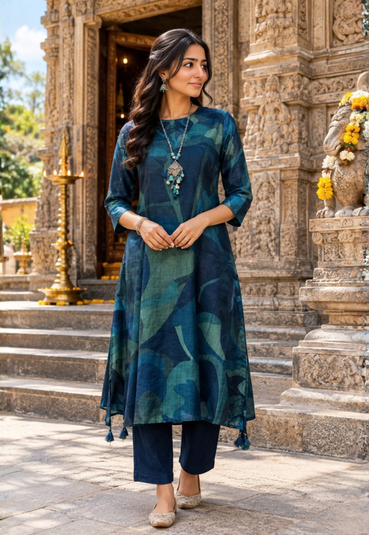 Teal and navy digital print kurti set