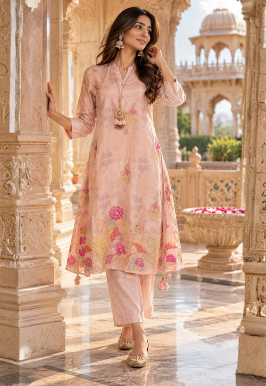 Dusty pink kurti set with sequins and embroidery with floral prints