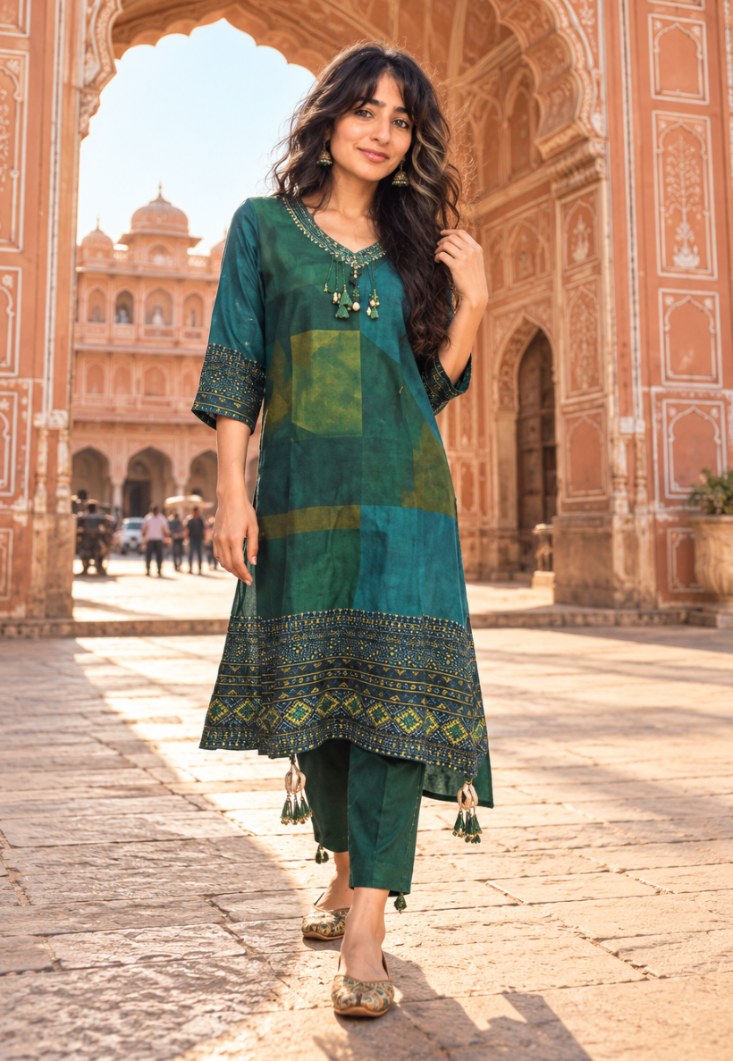 Abstract pattern kurti set in shades of green