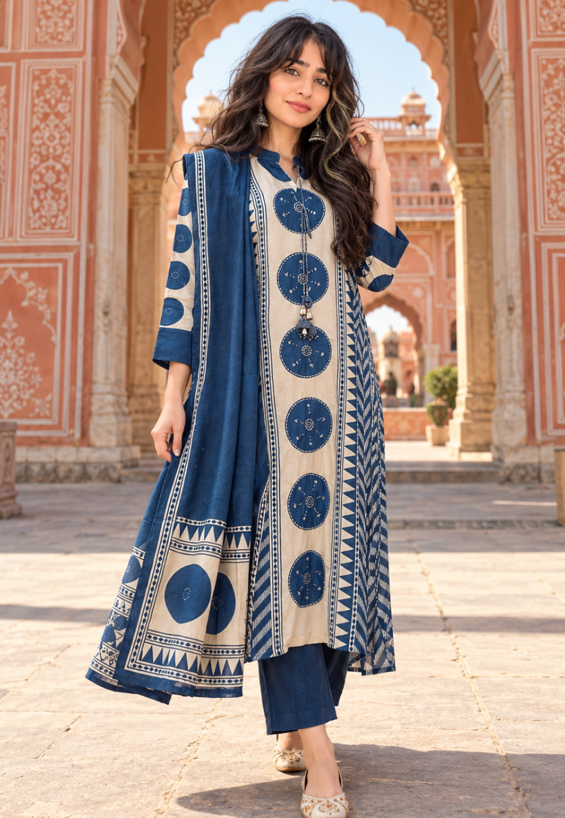 Teal and cream beadwork salwar kameez with pants