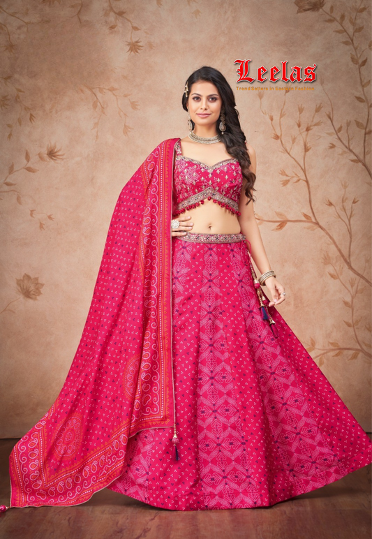 Cerise pink bandhani lengha with ready made blouse