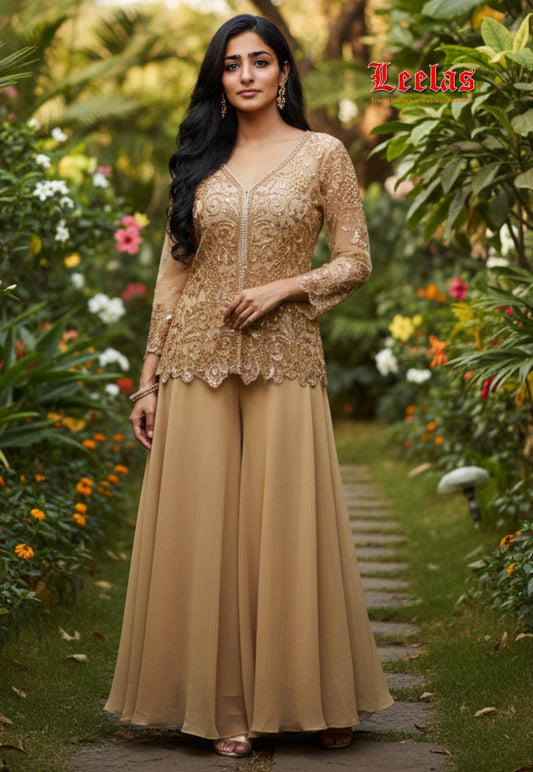 Gold outfit,short top ,pants and chinese collar jacket with beadwork and sequins