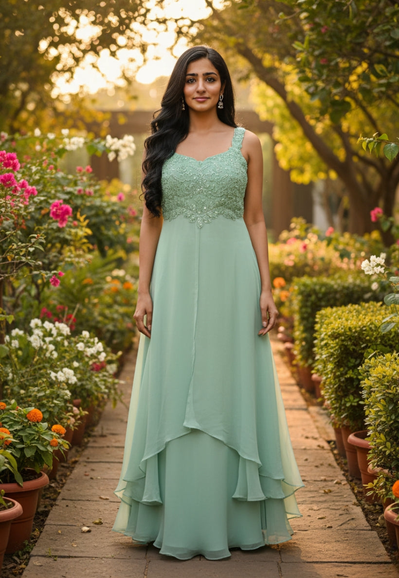 Mint green indo western soft organza outfit with long top, palazzo pants and dupatta