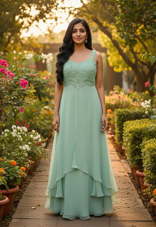 Mint green indo western soft organza outfit with long top, palazzo pants and dupatta
