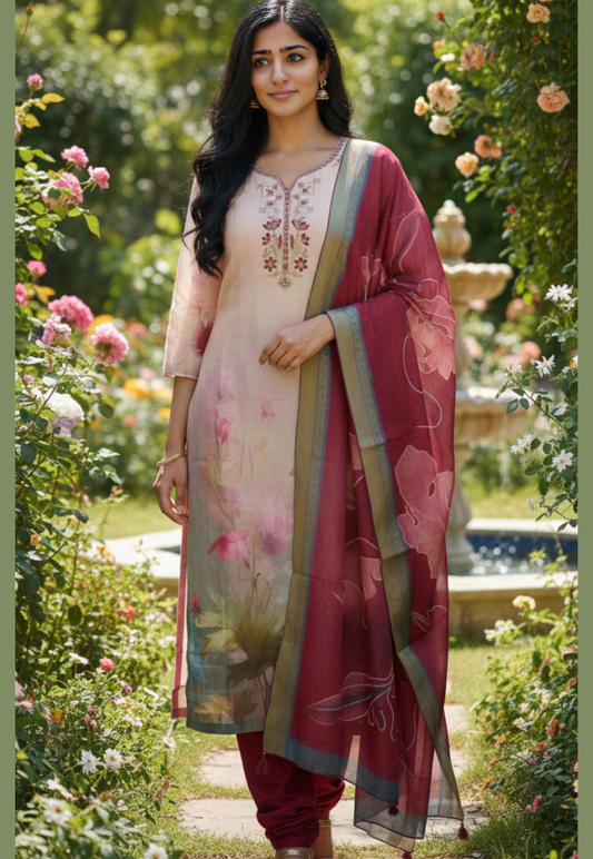 Light pink and burgundy digital print salwar kameez