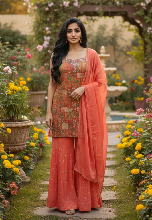 Coral brocade look sharara,sequin and stonework top with palazzo pants and dupatta