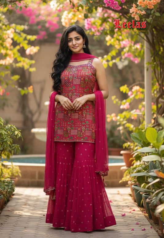 Cerise pink brocade look sharara,sequins and stonework top with palazzo pants and dupatta