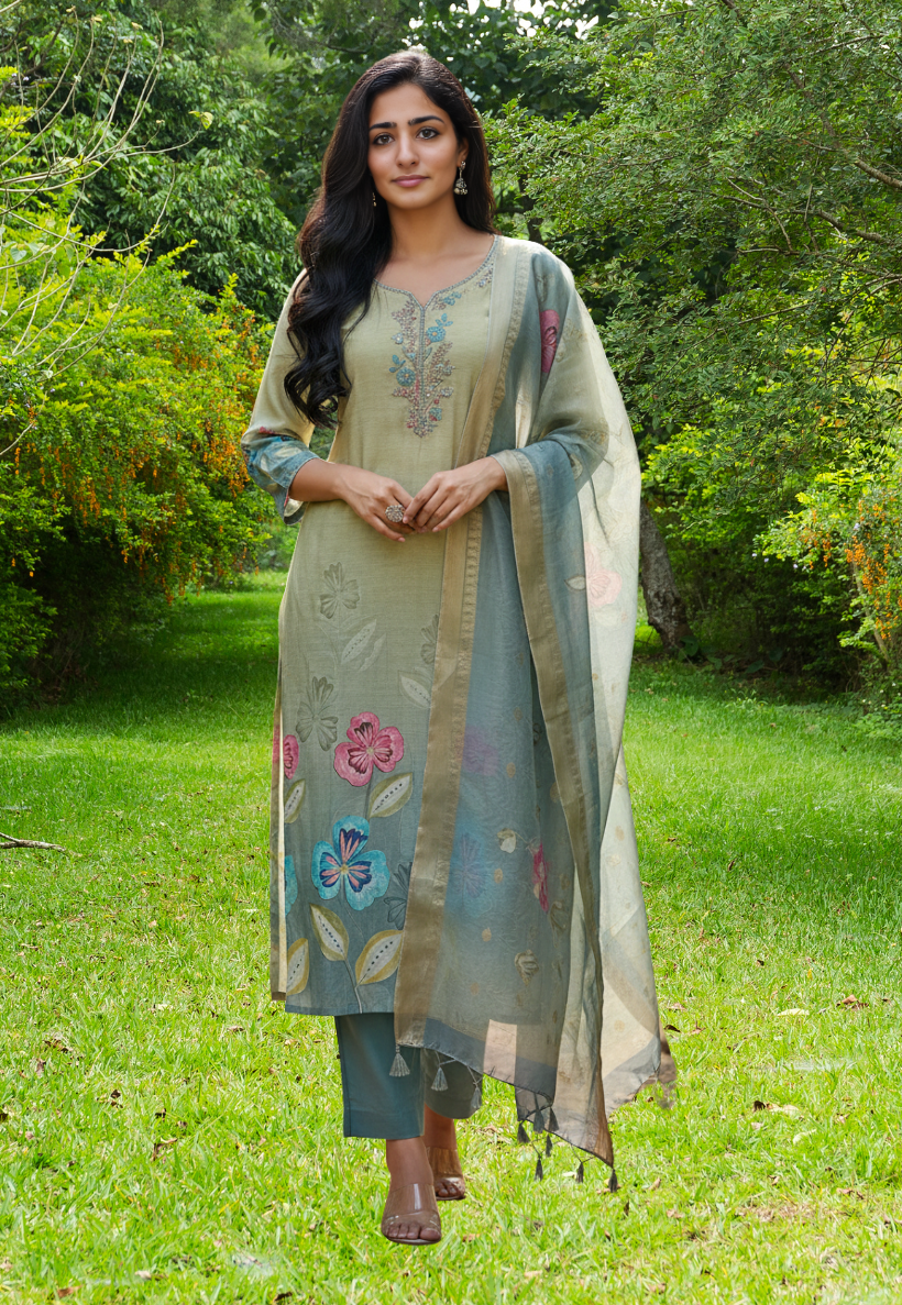 Light green floral cotton silk salwar kameez