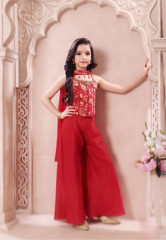 Red kids/teen indo western outfit with mirror, zari and stonework top with palazzo pants