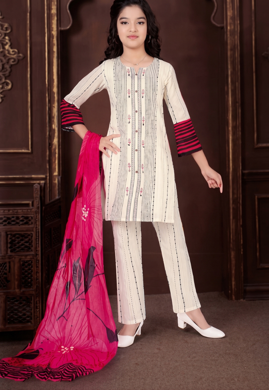 Cream kids/teen salwar kameez pants, top and pink