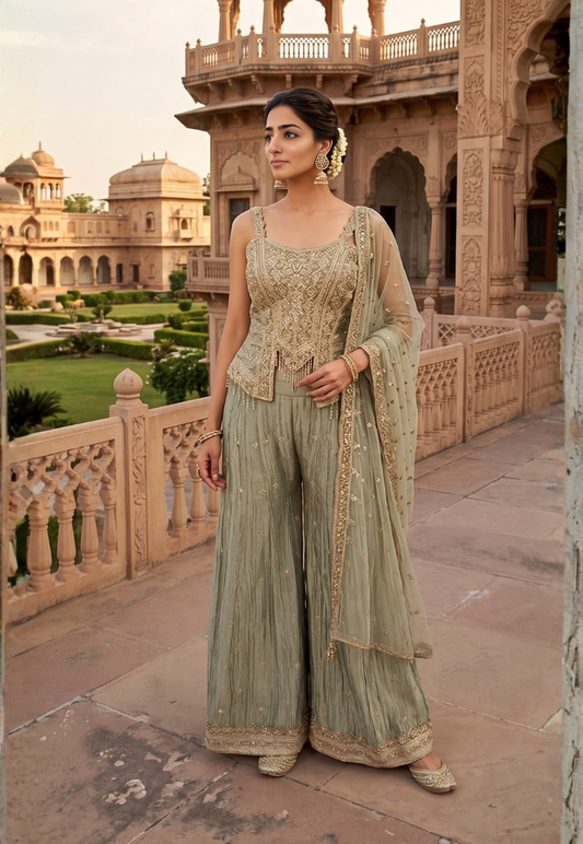 Limed ash crushed tissue silk Indo-western outfit with intricate gold beaded and sequins top with palazzo pants