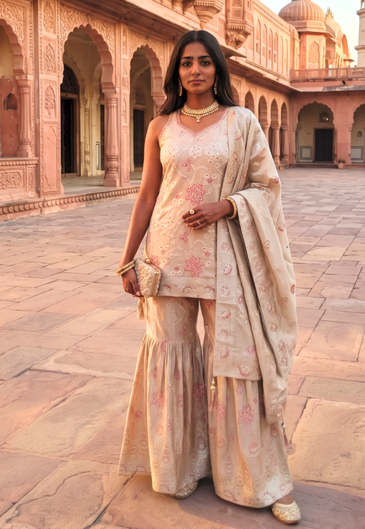 Traditional champagne sharara with mirror work,sprays of zari and stonewok with blush pink decorative floral pattern