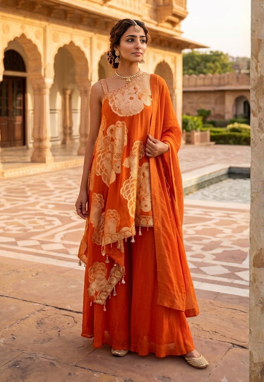 Asymmetrical burnt orange Indo-western outfit with palazzo pants