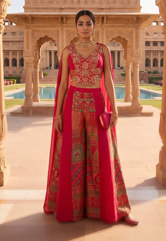 Rani pink Indo-western outfit with extensive gold zariwork,sequins and beadwork blouse with flare palazzo pants