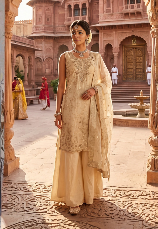 Cream Indo-western outfit with palazzo pants and long top featuring embriodery and stonework