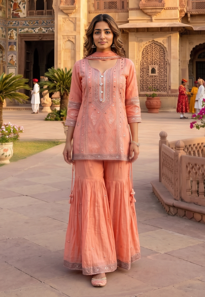 Coral pink sharara with metallic mirrorwork and cotton embroidery