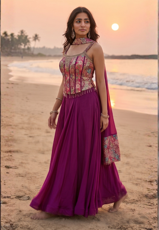 Indo western fusion deep plum purple lengha with heavily structured corset style top with embroidery and mirror wok