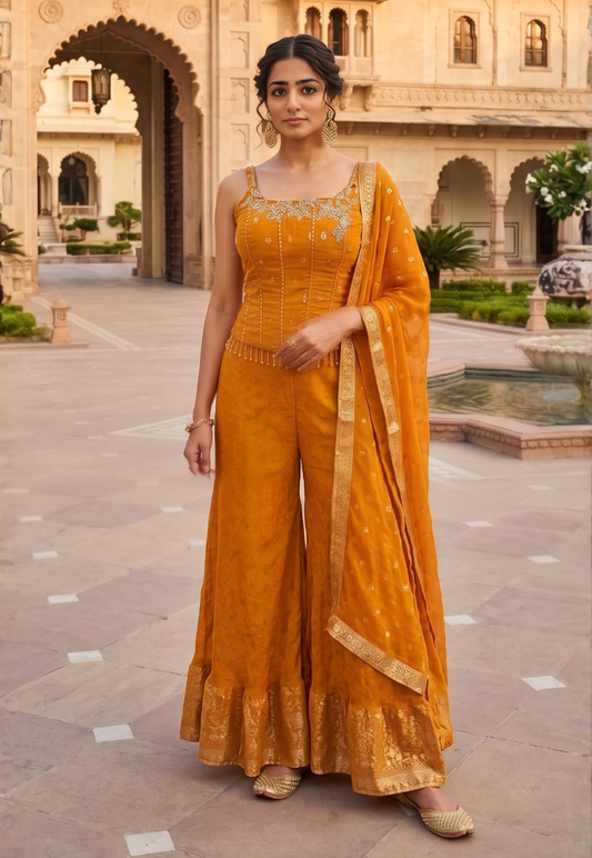 Mustard Indo-western outfit with embriodred corset style top detailing heavy bead,mirror work and sequins
