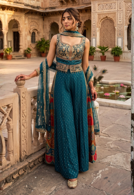 Peacock blue Indo-western outfit with extensive gold zariwork,sequins and beadwork blouse with flare palazzo pants