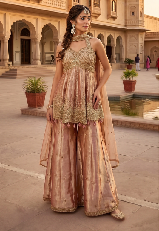 Modern Indo-western tissue silk silhoutte stlye halter-neck top with palazzo pants in soft dusty rose with metallic gold embroidery and beadwork