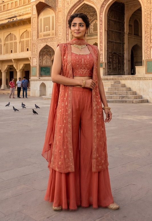 Rose Indo-western outfit with top, palazzo pants and long jacket featuring intricate zari and stonework
