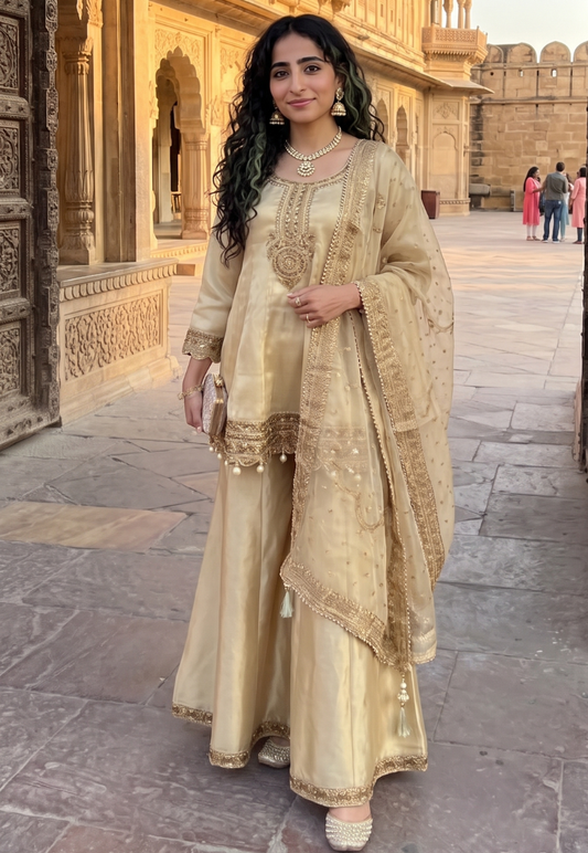 Rich gold farsi suit with palazzo pants, featuring antique gold sequins and beadwork top
