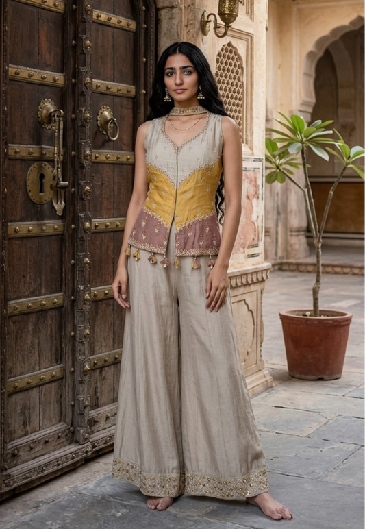 Cream, mustard and dusty pink ethnic kurti set with flared palazzo pants