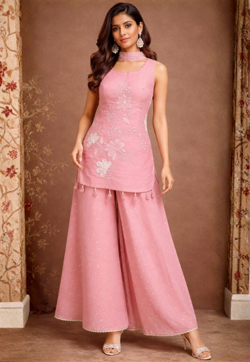 Mink kurti set with palazzo pants with on top