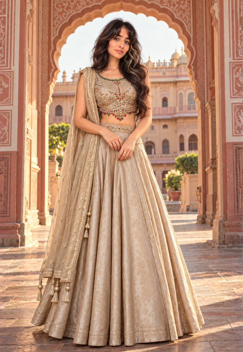 Rich champagne gold lengha with vibrant jewel toned emerald green and ruby red stones with mirror and pearl blouse with matching dupatta