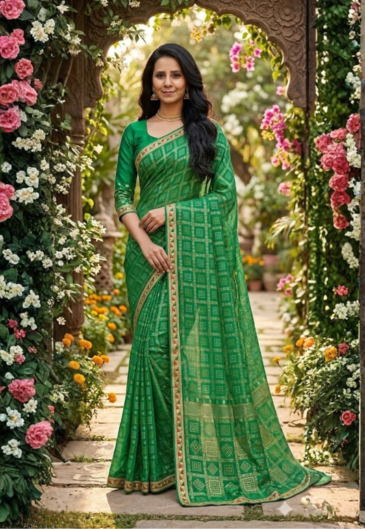 Bottle green georgette bandhani print saree with zari embroidery