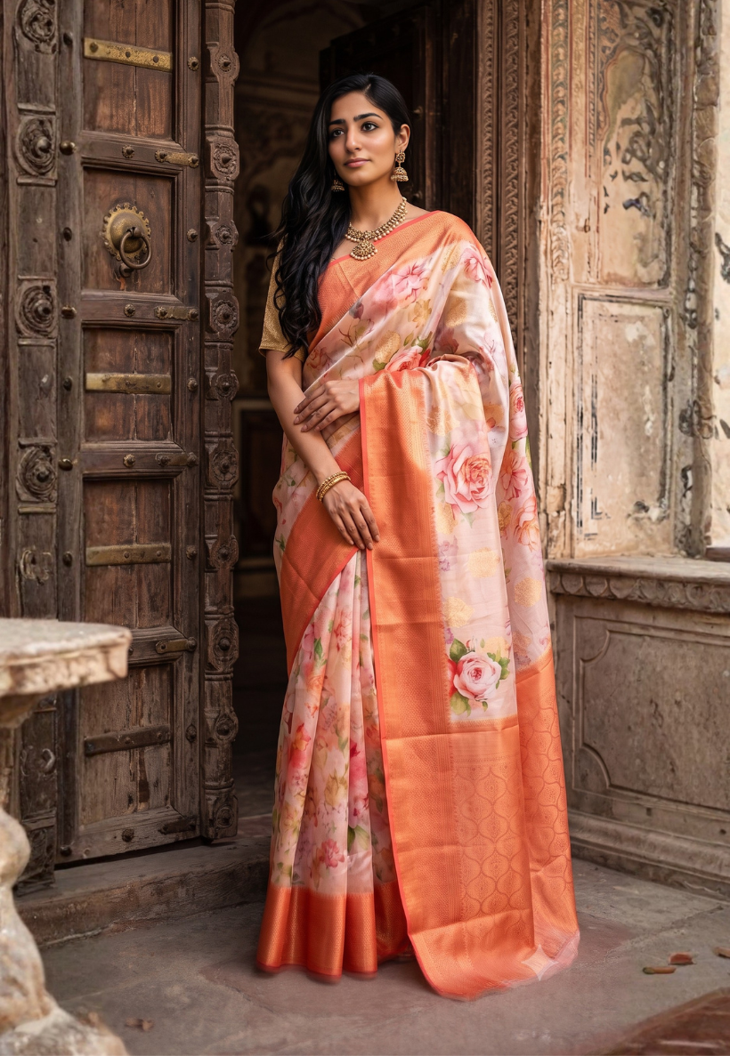 Orange floral organza silk saree  with broad orange zari border