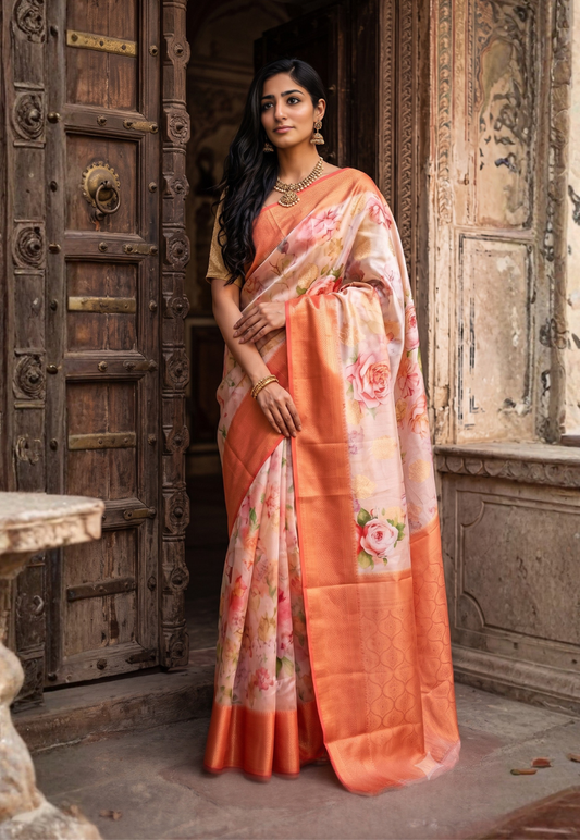 Orange floral organza silk saree  with broad orange zari border