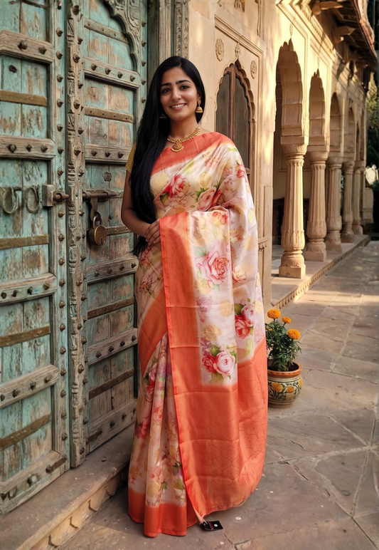 Sheer organza silk floral saree with shades of peach and  orange bright blooms