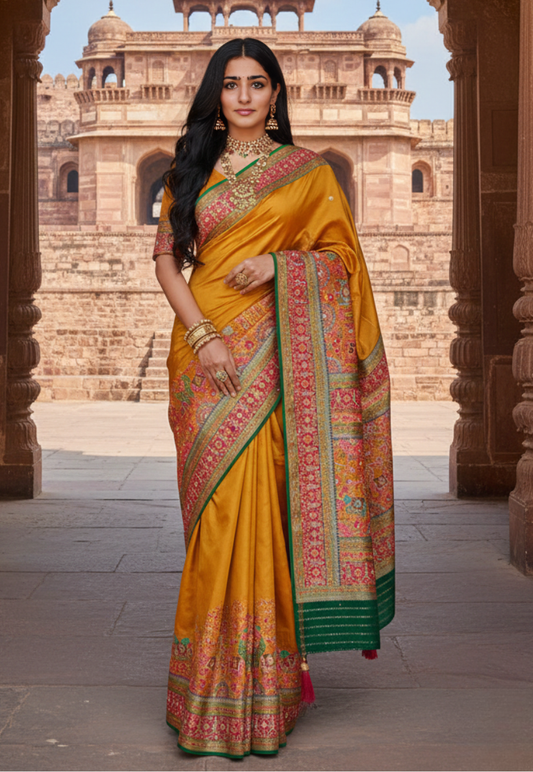 Mustard, cerise pink and green kashmiri silk saree with bead and stone work multi-coloured border.